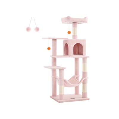 Árbol para gatos de 143 cm de alto con 2 plataformas y hamaca rosa pastel