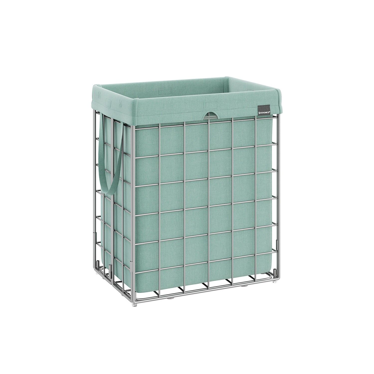 Panier à linge pliable 90 L, structure métallique, argent-vert menthe, 48 x 33 x 58 cm