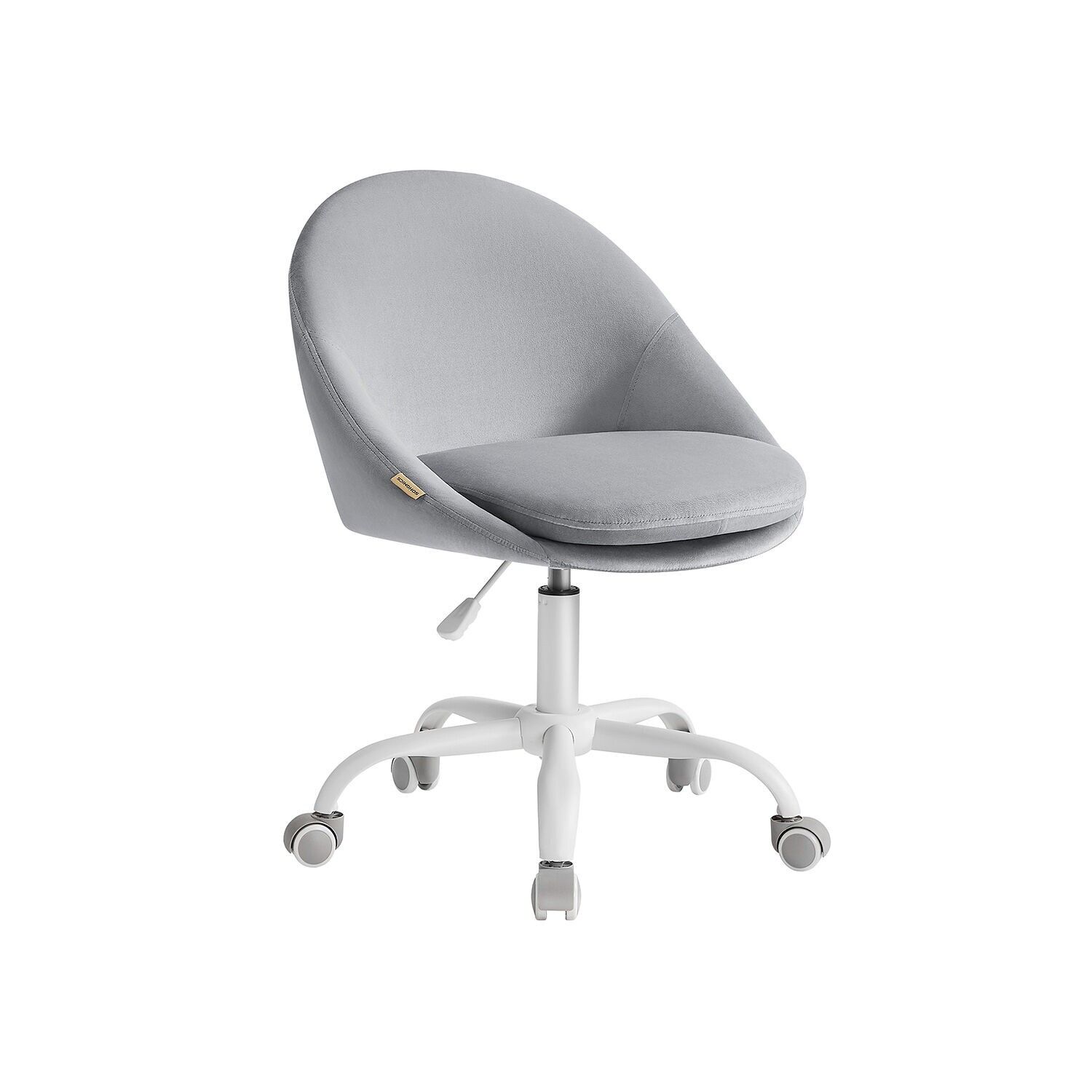 Velvet office chair, height-adjustable in dove grey, 60 x 60 x (80-90) cm (D x W x H) Seat height (from floor): 47-57 cm Seat size: 45 x 42 cm (D x W) Backrest height: 37 cm Total cushion thickness: 12 cm Top cushion thickness: 7 cm