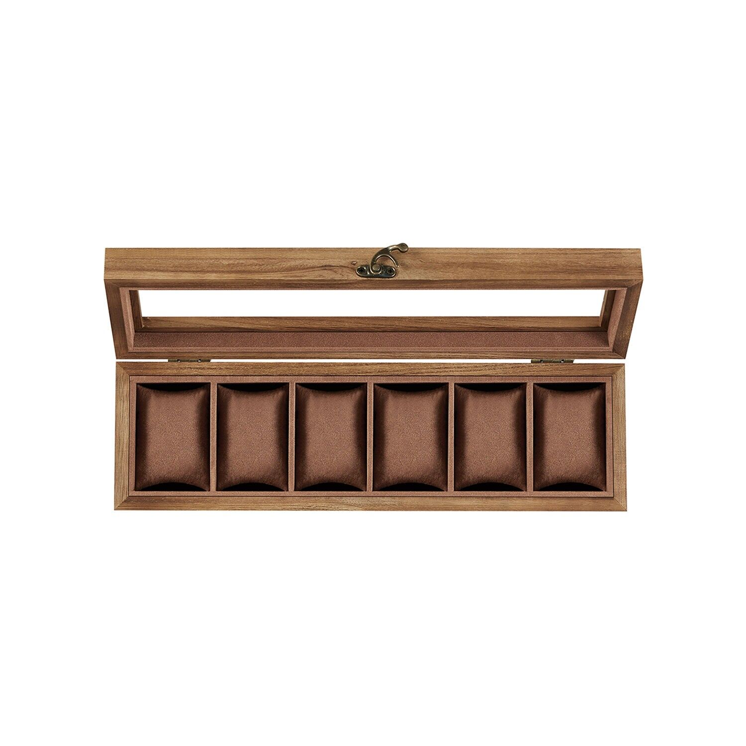 Watch box with 6 compartments, made of solid wood with glass lid, walnut colour, 10.2 x 35 x 8.7 cm