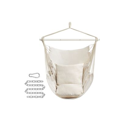 Hanging chair with 2 cushions and metal chain, cream white, 150 x 128 cm (L x W). Cushion dimensions: 40 x 40 cm.
