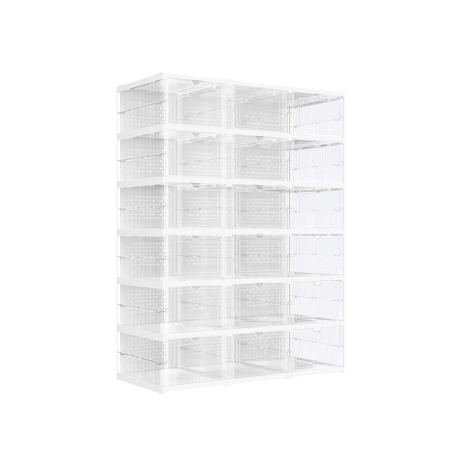 Shoe cabinet set of 3 with 18 shoe boxes, assembly in 1 minute, 35.5 x 25.5 x 105 cm (L x W x H) Internal dimensions per cabinet: 34.5 x 25.5 x 17 cm