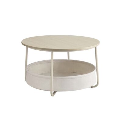 Mesa de centro redonda con cesta en tejido blanco crema-beige natural