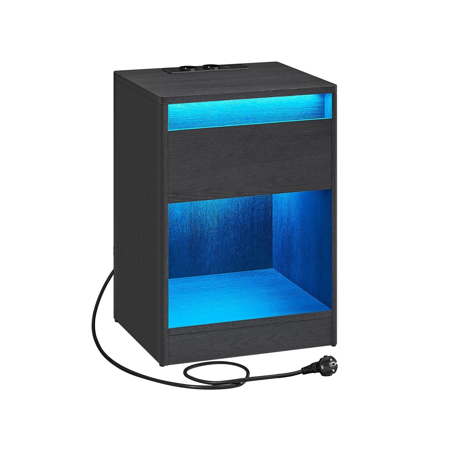 Table de chevet avec éclairage LED, frêne noir moderne, 35 x 40 x 55 cm