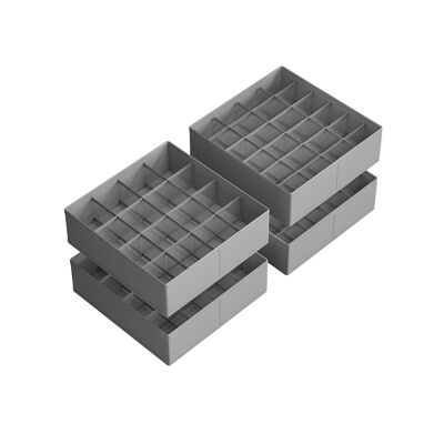 Ensemble de 4 organiseurs de sous-vêtements avec 80 compartiments gris tourterelle, 30 x 30 x 10 cm (P x L x H) Dimensions par grand compartiment : 7.6x7.6 cm Dimensions par petit compartiment : 7.6 x 5 cm