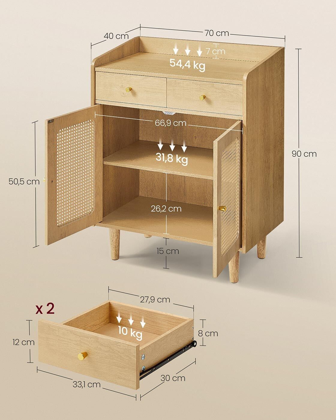 BOHOVEN Collection Sideboard with doors in rattan look oak beige, 40 x 70 x 90 cm