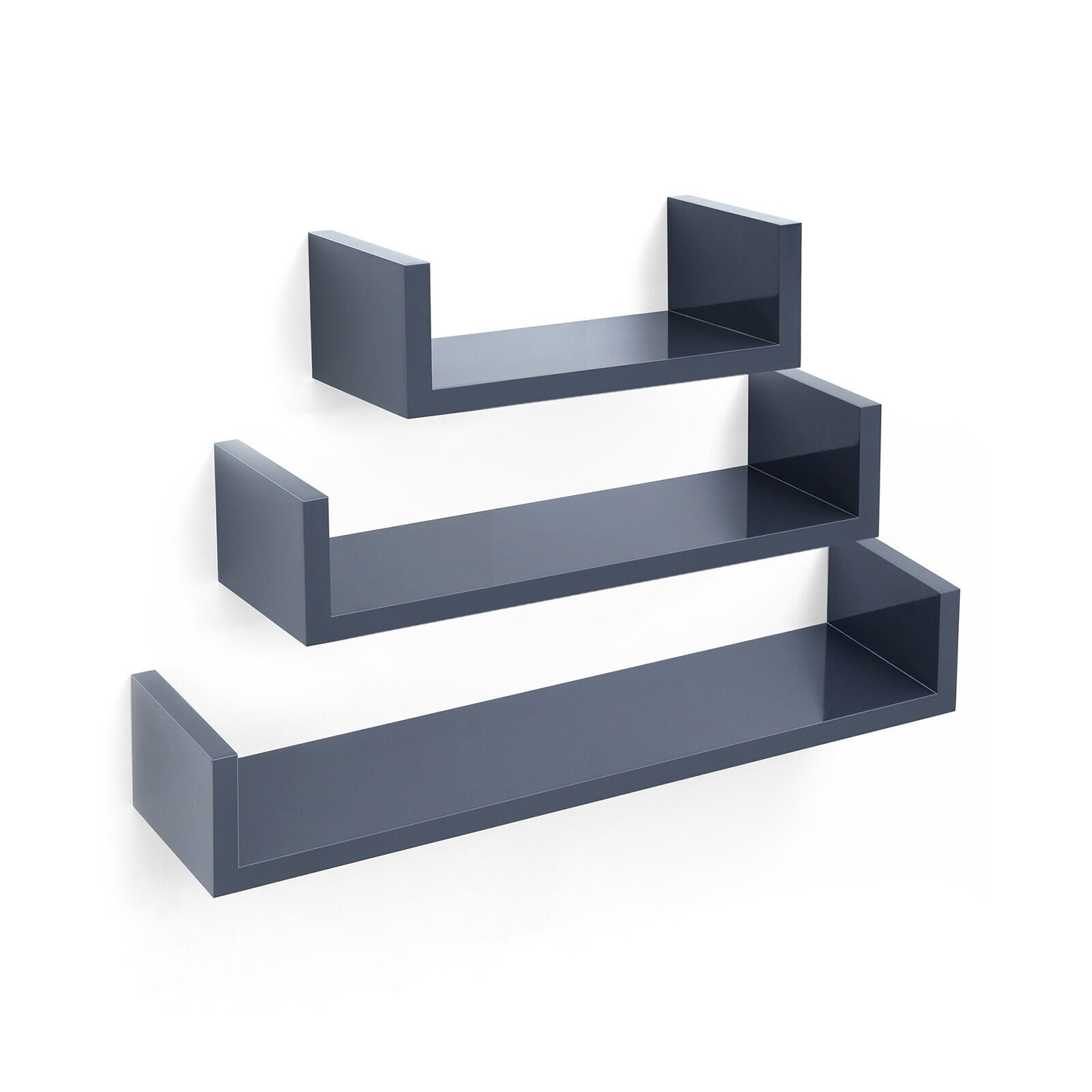 U-shaped wall shelf set of 3 grey, 30 x 15 x 10 cm (L x W x H) - Medium shelf dimensions: 45 x 15 x 10 cm (L x W x H) - Large shelf dimensions: 60 x 15 x 10 cm