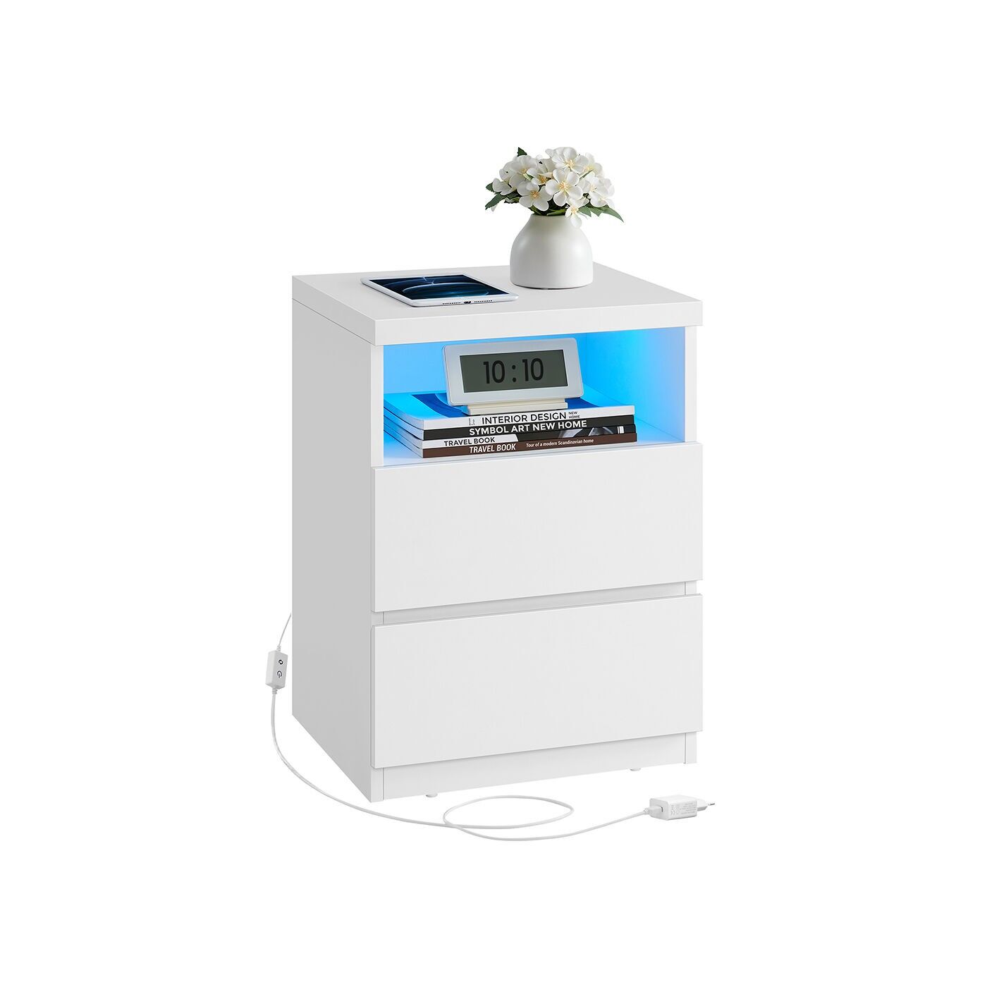 Bedside table with adjustable LED lighting, cloud white, 35 x 40 x 55 cm
