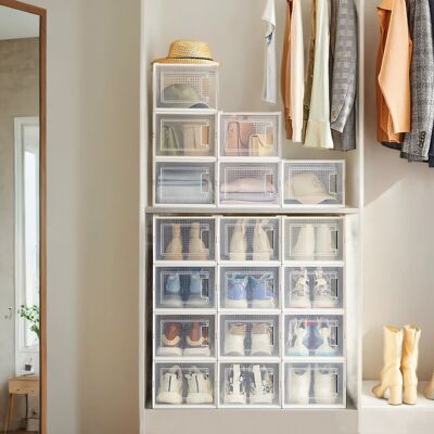Scatole per scarpe, set da 18, organizer per scarpe in plastica, 35 x 25 x 18.5 cm (L x P x A) Dimensioni interne per scatola: 31 x 24.5 x 17.5CM