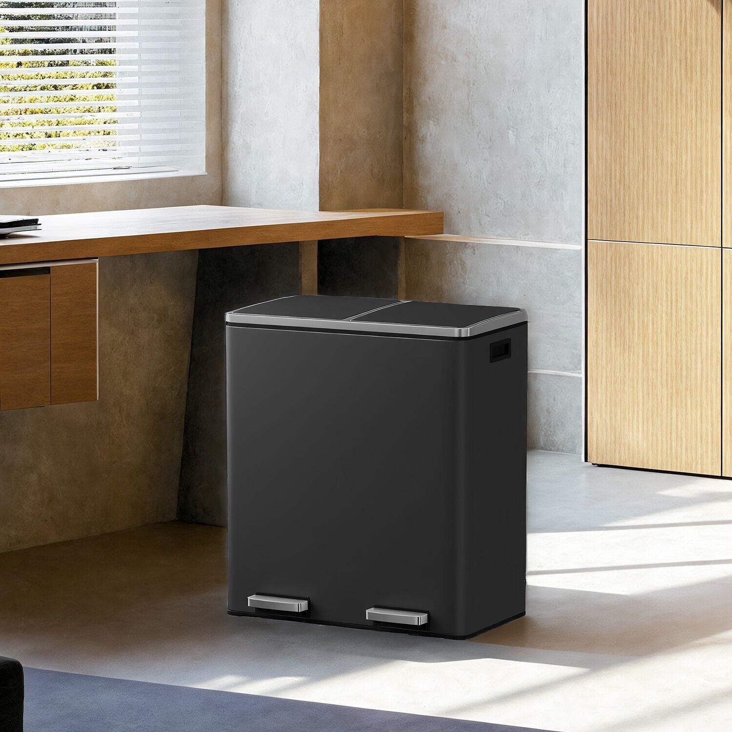 Waste bin, 2 x 30 litres, 2 compartments, 59 x 36.5 x 65.2 cm (L x W x H) - Total height (with lid open): 94 cm - Dimensions per inner bucket: 27 x 27 x 58.5 cm (L x W x H) - Dimensions of foot pedal: 13.5 x 4 cm