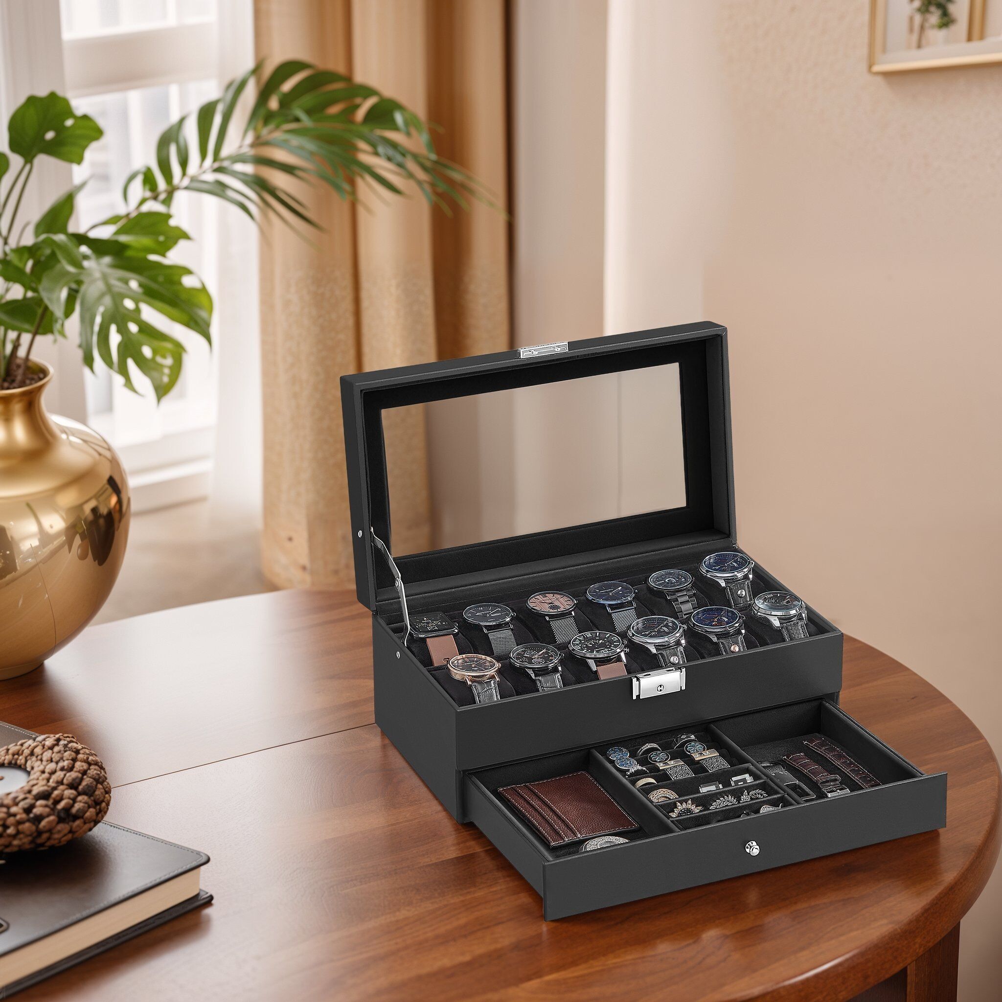 Watch box, watch case with glass lid, 2 levels, for 12 watches, 18.5 x 32.5 x 13.5 cm