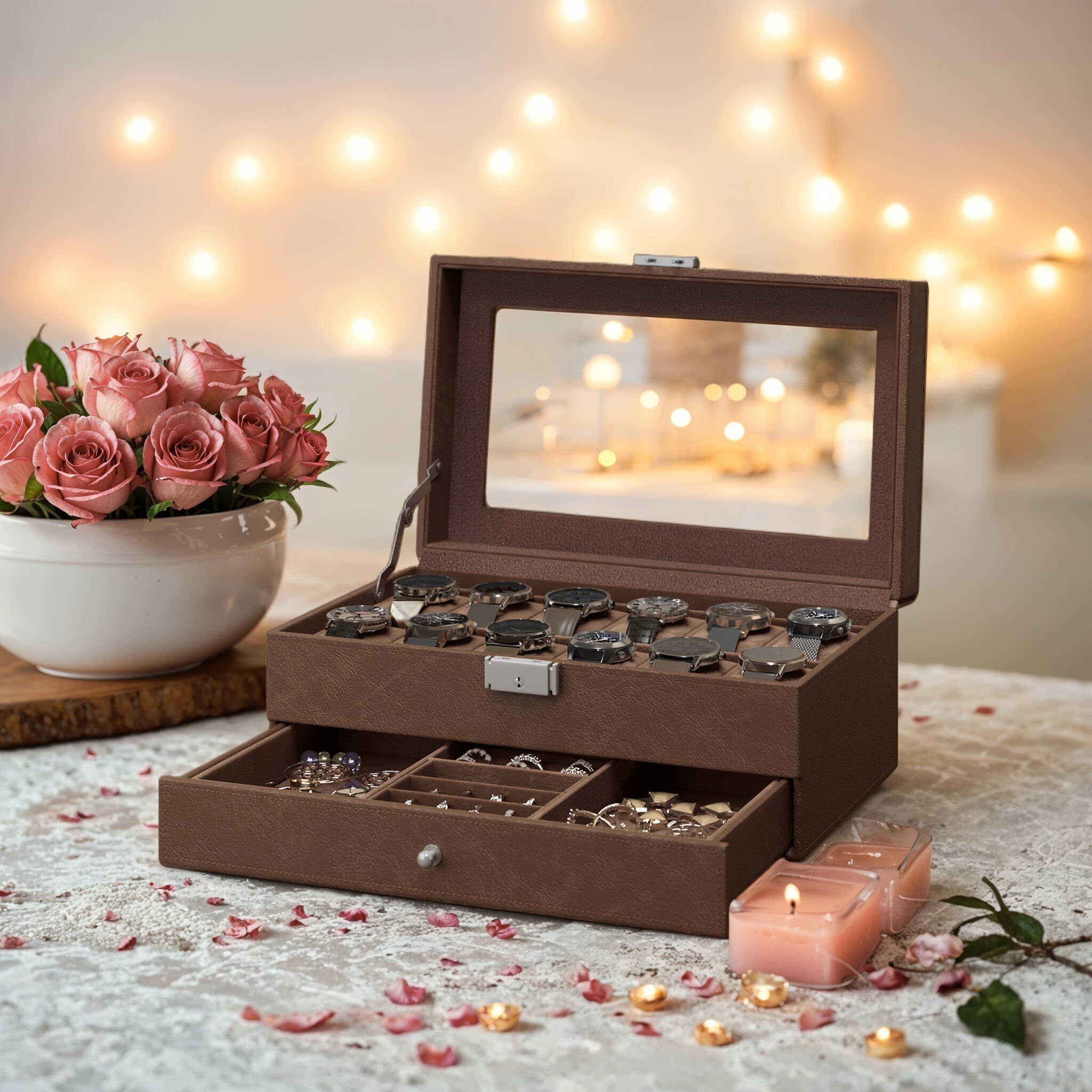 Watch box, watch case with glass lid, 2 levels, 19.5 x 33 x 14 cm