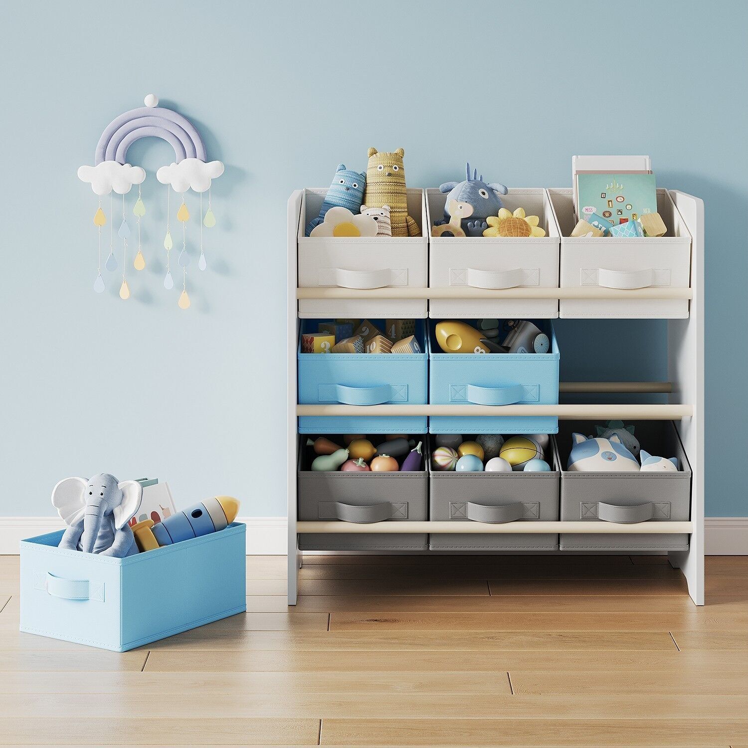 Shelf, bookcase, with 9 storage compartments made of non-woven fabric, 62.5x29.5 x 60 cm