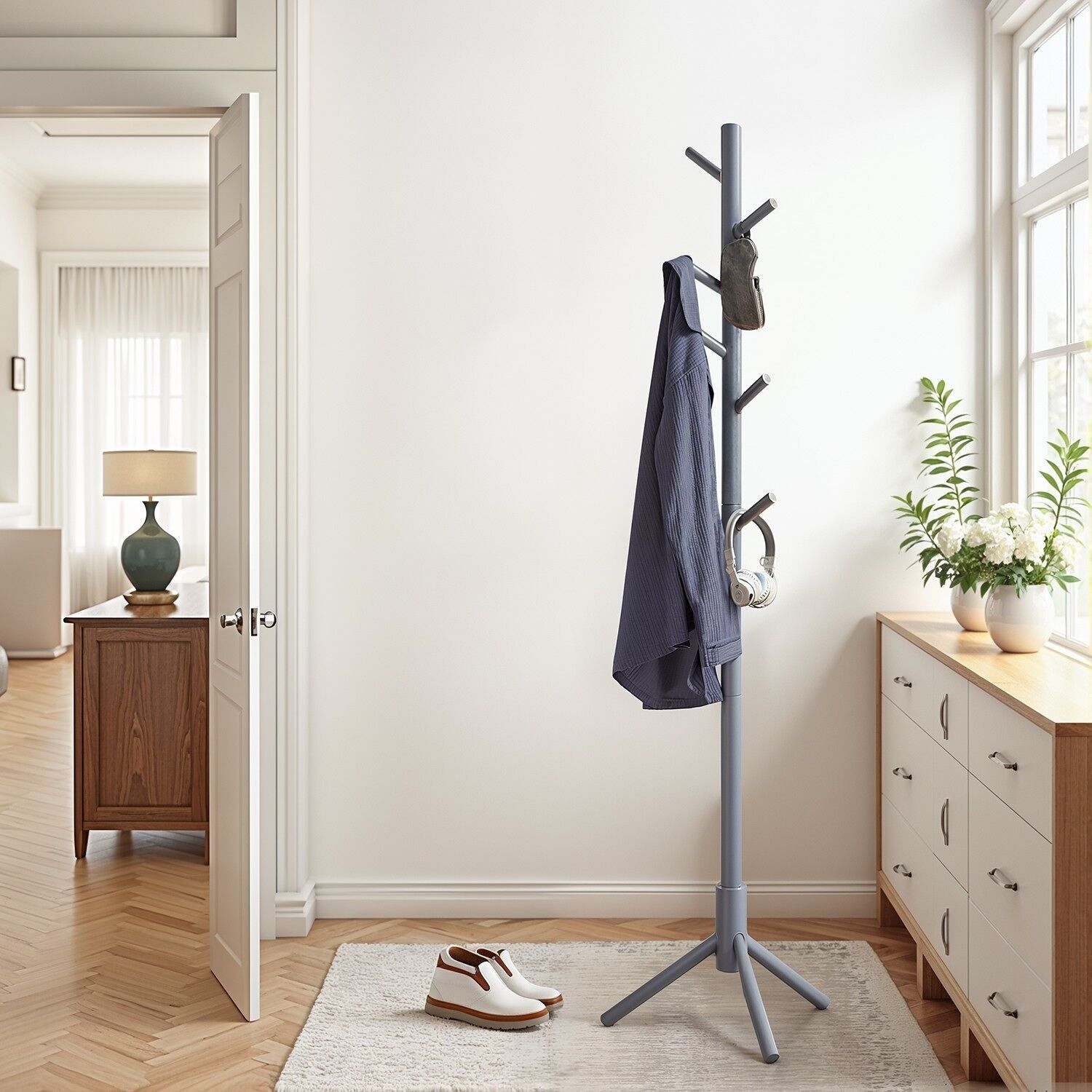 Coat rack, solid wood coat rack, tree-shaped coat rack, 47 x 47 x 175 cm (D x W x H) - Length of each hook: 12.3 cm