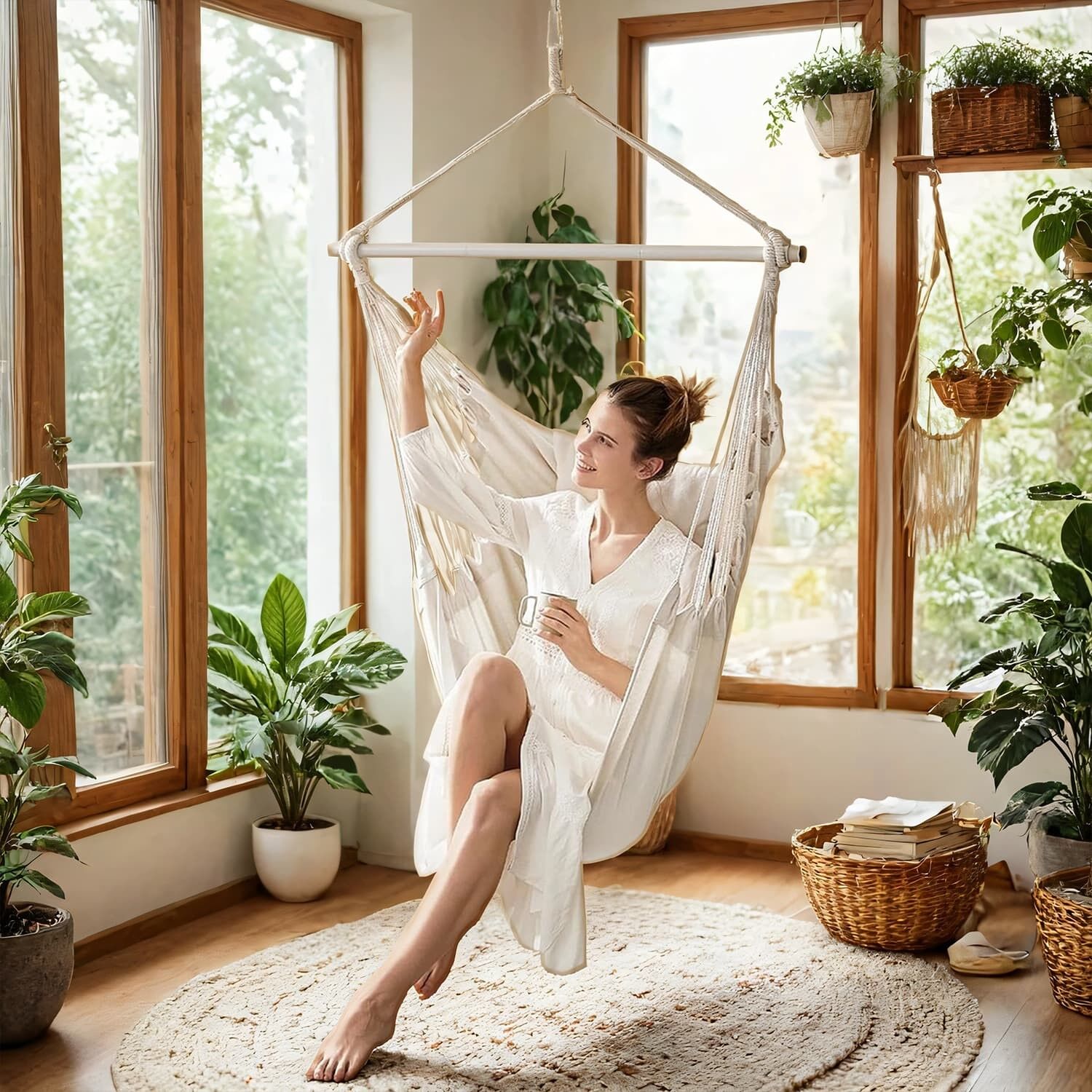 Hanging chair, hanging swing with 2 cushions, hanging chair, 150 x 128 cm (L x W) - Cushion size: 40 x 40 cm