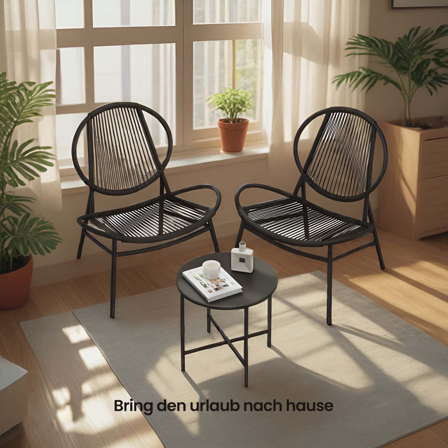 Ensemble de 3 meubles de balcon, salon de jardin avec table et 2 chaises, polyrotin PE, dx 45 cm h - Dimensions par chaise : 68 x 74 x 78 cm