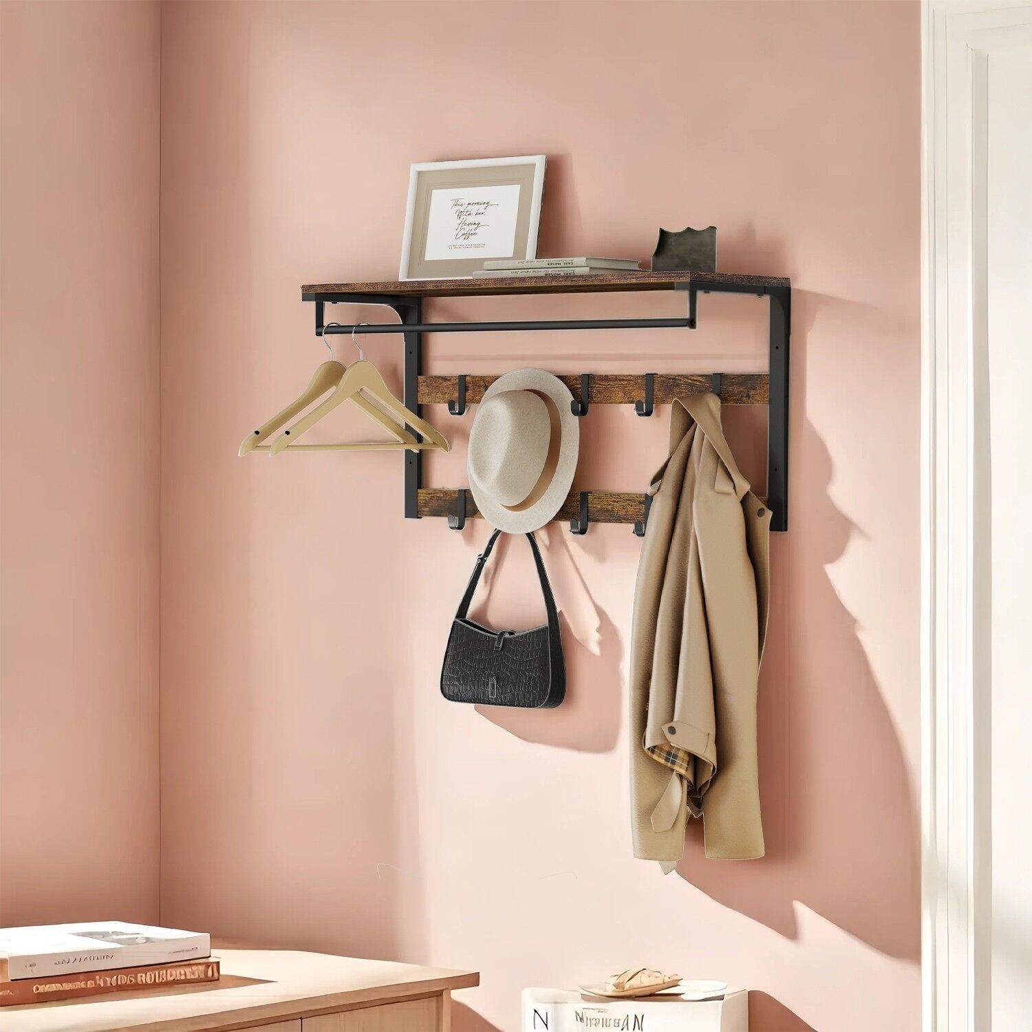 Wall coat rack, with shelf, wall shelf with 10 removable hooks, 30 x 80 x 42 cm (D x W x H) - Dimensions top shelf: 30 x 80 x 1.5 cm
