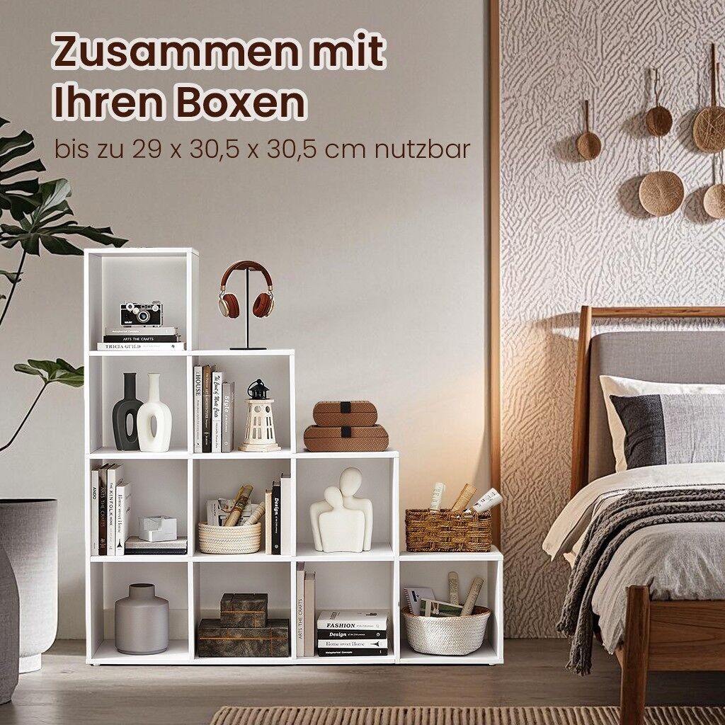 Bookcase with 10 compartments, open shelf, step shelf, 129.5 x 29 x 129.5cm s