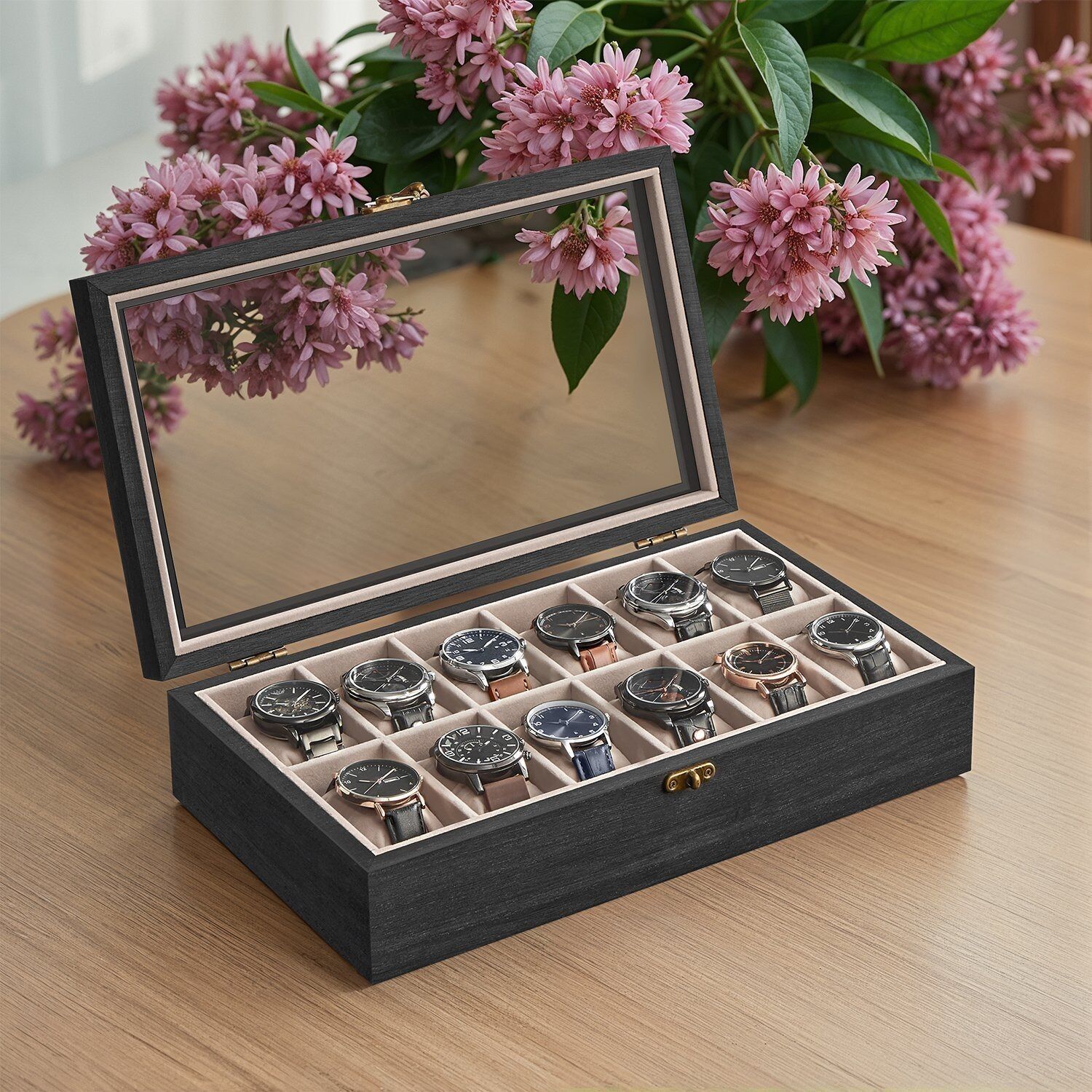 Solid wood watch box with glass lid and 12 compartments, gift idea, 21 x 35 x 8.5 cm