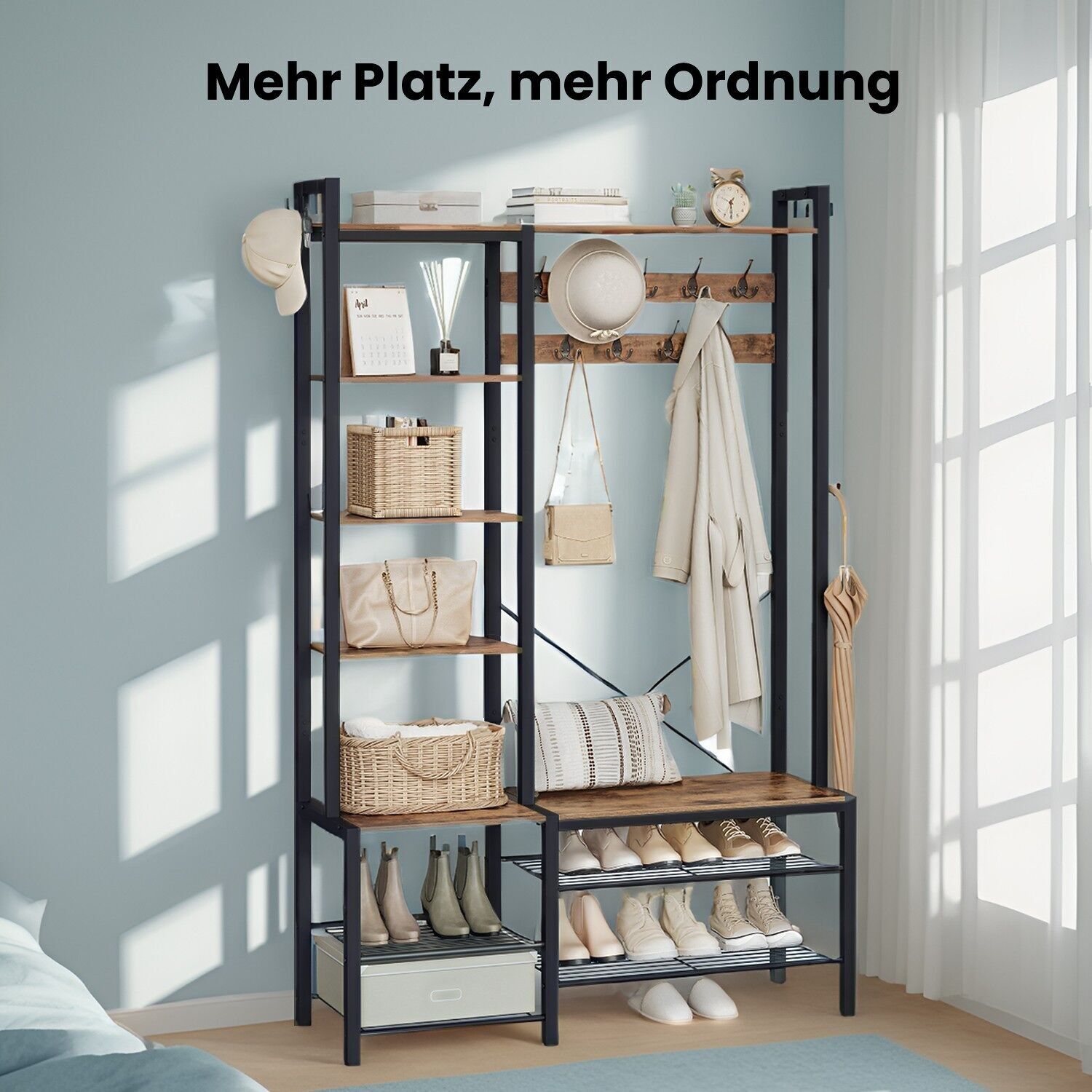 Coat rack with shoe bench, wardrobe, 5 chipboard shelves, 40 x 120 x 190 cm