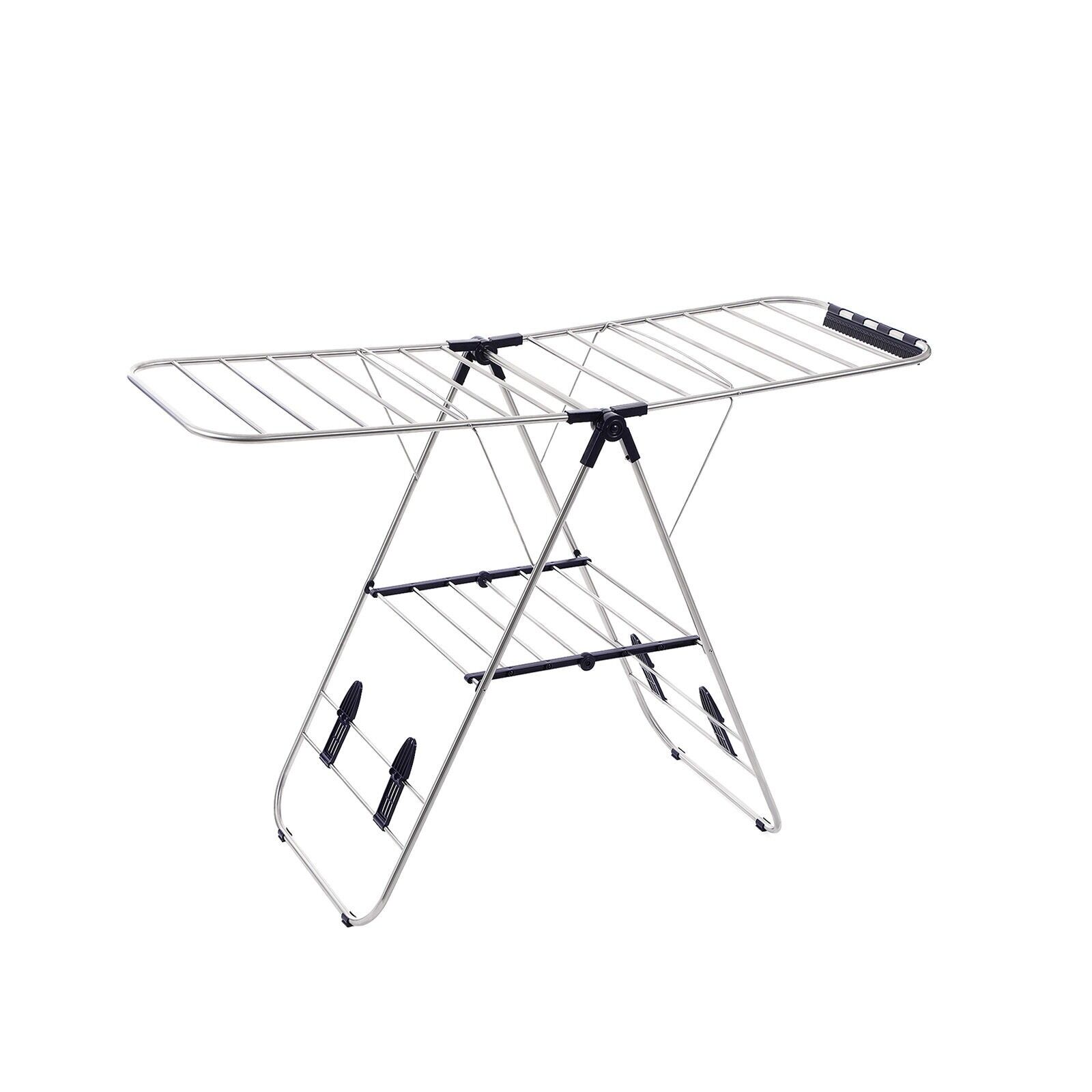 Stainless steel clothes rack, 147 x (97-128) x 56 cm (W x H x D); Dimensions when folded: 109 x 7 x 57 cm