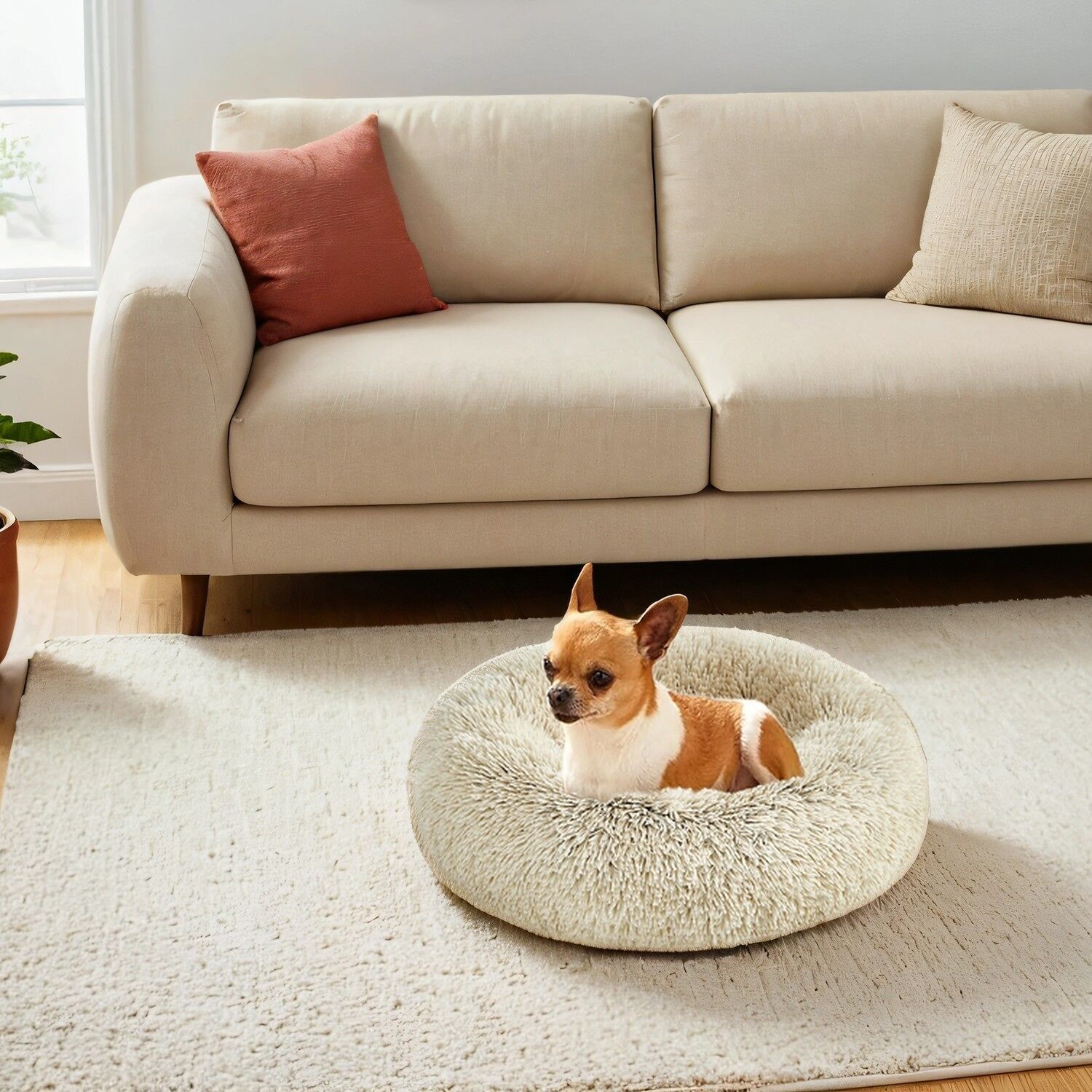 Soft dog bed, cat bed, donut cushion, 60 x 20 cm (Ø x H) Weight: 1 kg Scope of delivery: 1 x Nostalgie dog bed Notes: Products with seams may have 2-3 cm