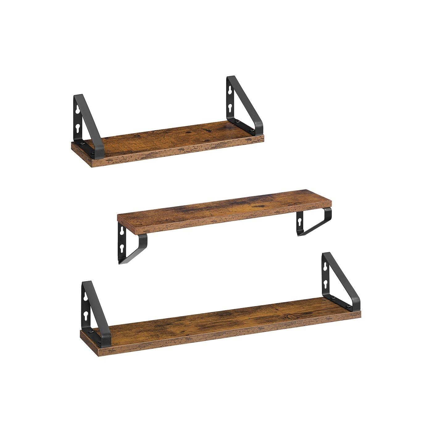 Industrial look wall shelf set of 3, 12.7 x 40 x 11.2 cm (D x W x H) Medium shelf dimensions: 12.7 x 50 x 11.2 cm (D x W x H) Large shelf dimensions: 12.7 x 60 x 11.2 cm