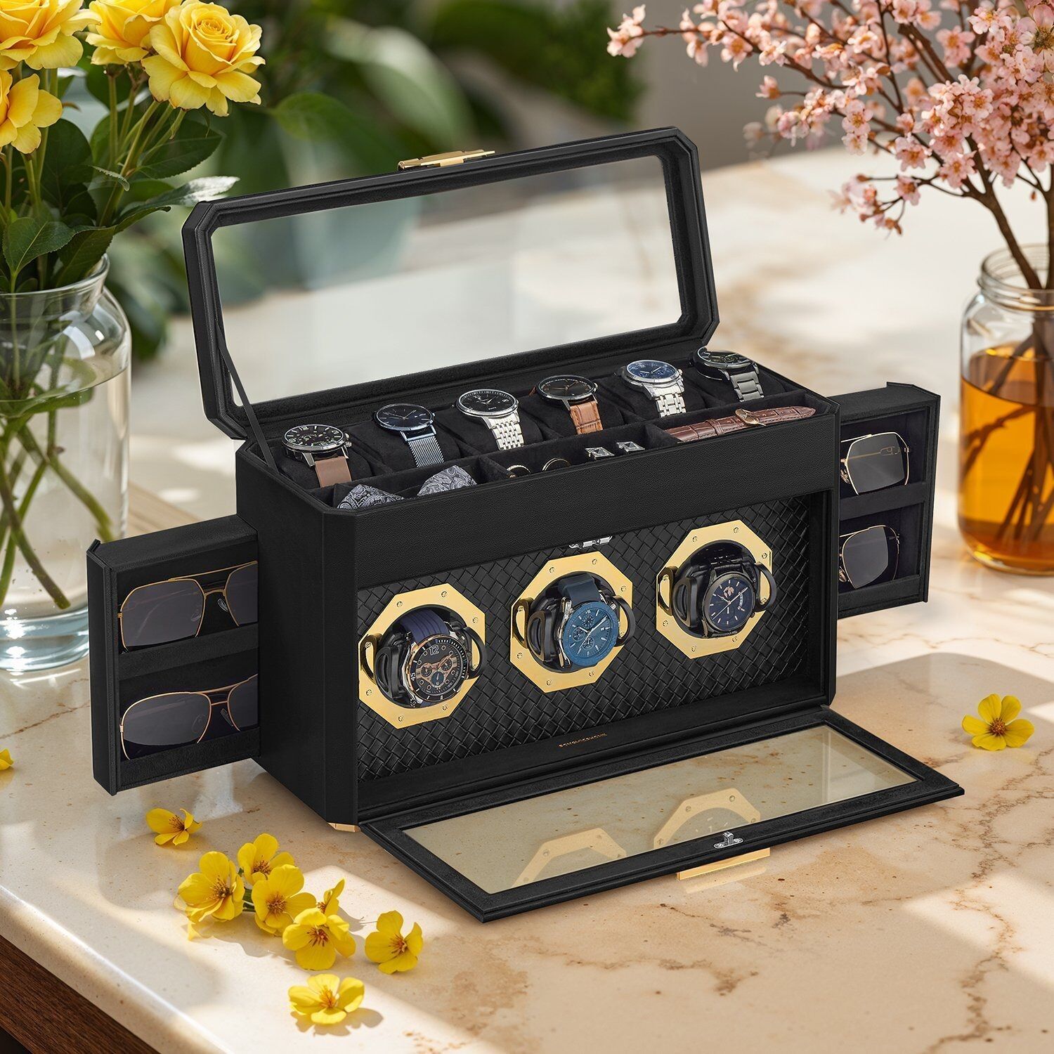 Watch box for 9 watches, glass window on top and front, adjustable watch holder, 16.2 x 40 x 25.3 cm