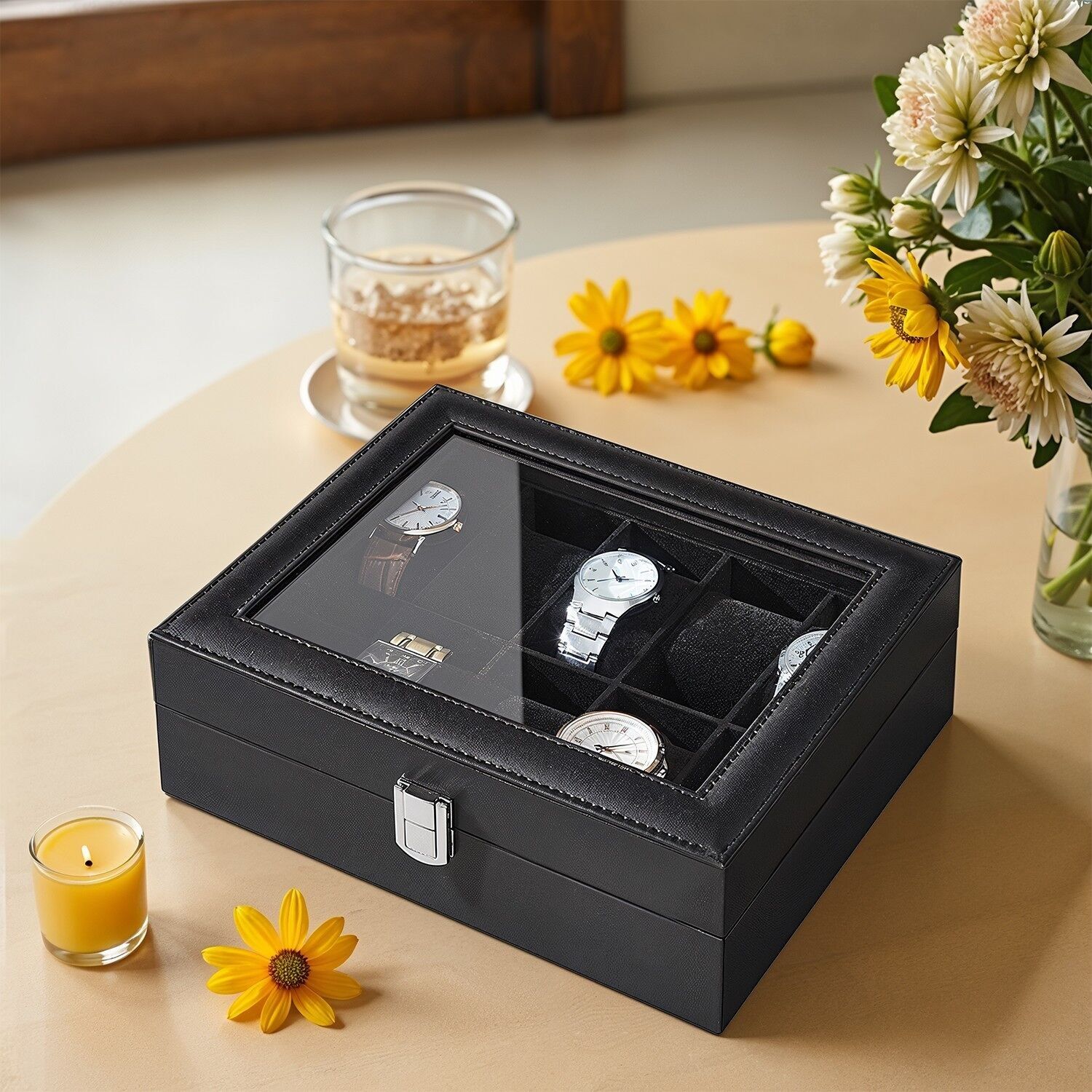 Watch box with 10 compartments, watch case, glass lid, 20.2X25.5 x  7.8 cms
