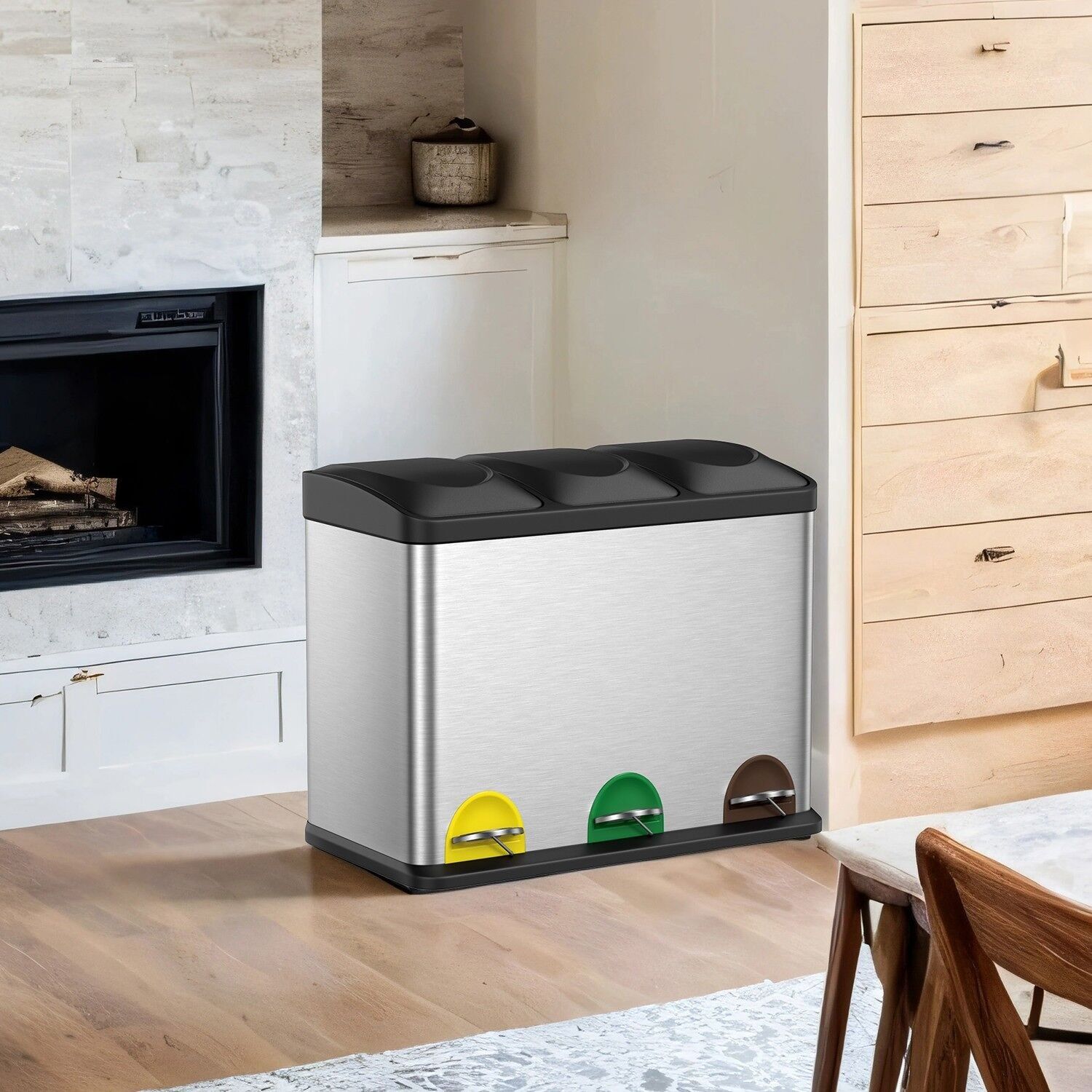 Poubelle à 3 compartiments, système de tri des déchets de cuisine, poubelle, 60 x 48 x 33 cm (L x H x P) - Dimensions intérieures de la poubelle : 25 x 40 x 17 cm