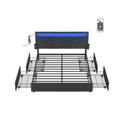 Double bed frame 160 x 200 cm with LED and 4 drawers and charging station