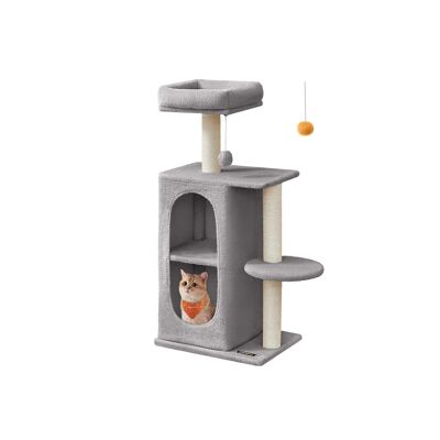 Small cat tree with 2 dens and 1 platform, light gray, 45 x 35 x 101 cm