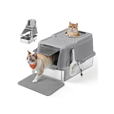 Stainless steel cat litter box with scoop and brush, dove gray, 61 x 41 x 36.5cm s