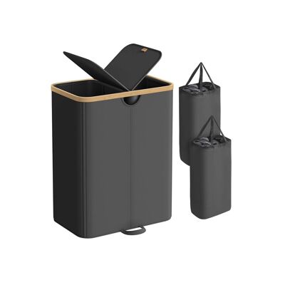 Cesto portabiancheria a due scomparti con coperchio in nero corvino e beige naturale, 52 x 38.5 x 75 centimetri