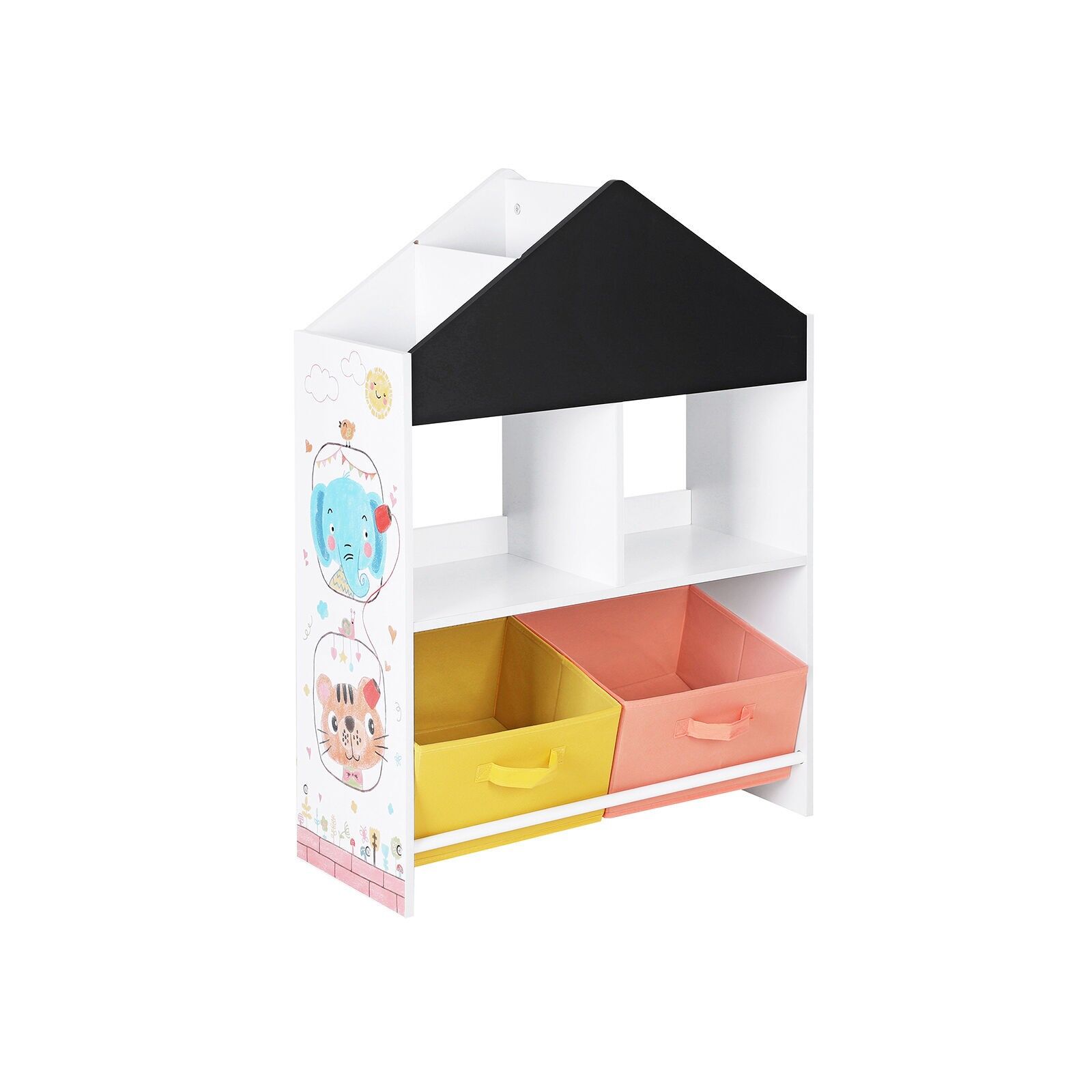 Children's room shelf black orange and yellow, 65 x 26.5 x 90 cm (L x W x H) - Dimensions per fabric box: 31 x 28 x 17 cm