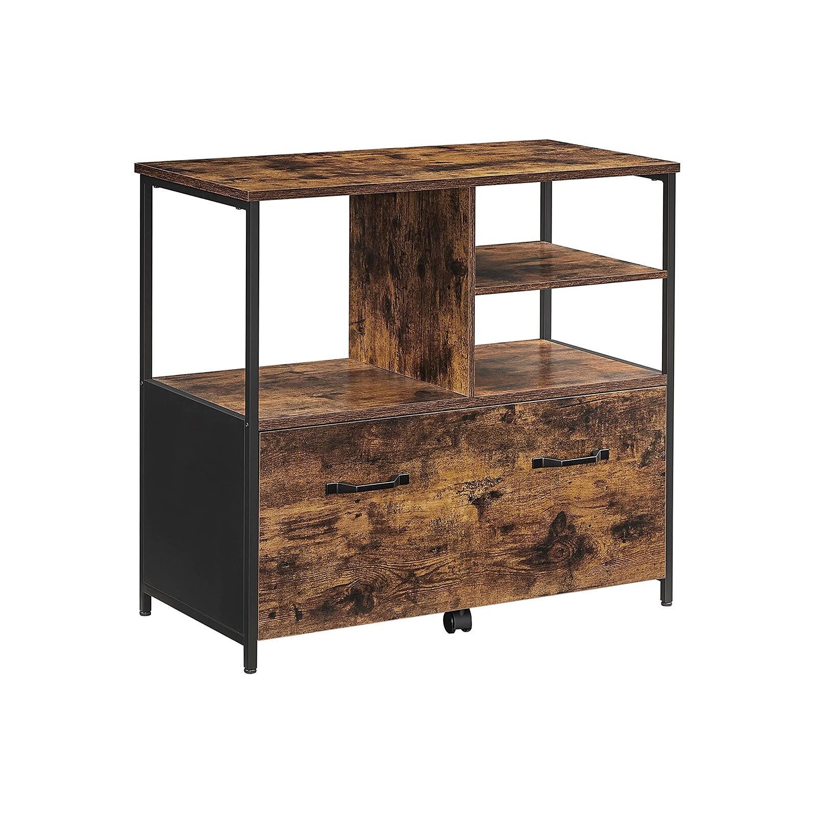 Industrial style filing cabinet vintage brown-black, 82 x 40 x 75 cm (L x W x H) - Height of large open compartment: 34 cm - Height of each small open compartment: 16.4 cm - Internal drawer dimensions: 72.7 x 33.8 x 27.1 cm