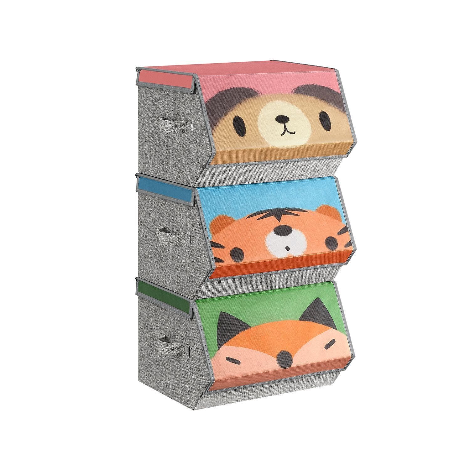 Storage box set of 3 with bear, tiger and fox motifs, 38 x 35 x 25 cm (L x W x H) Dimensions of 3 stacked boxes: 38 x 35 x 75 cm