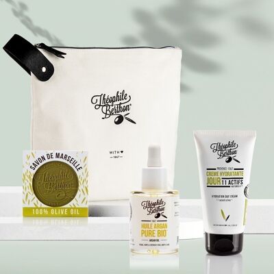 Kit de 3 cuidados faciales - Crema facial de día, aceite puro de Argán orgánico y jabón puro de Marsella de oliva