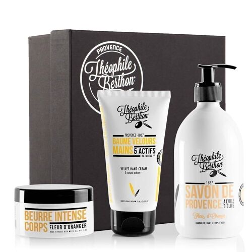 Coffret cadeau Fleur d'Oranger 3 soins - Baume soin mains Hespérides, Beurre corps et Savon parfum Fleur d'Oranger