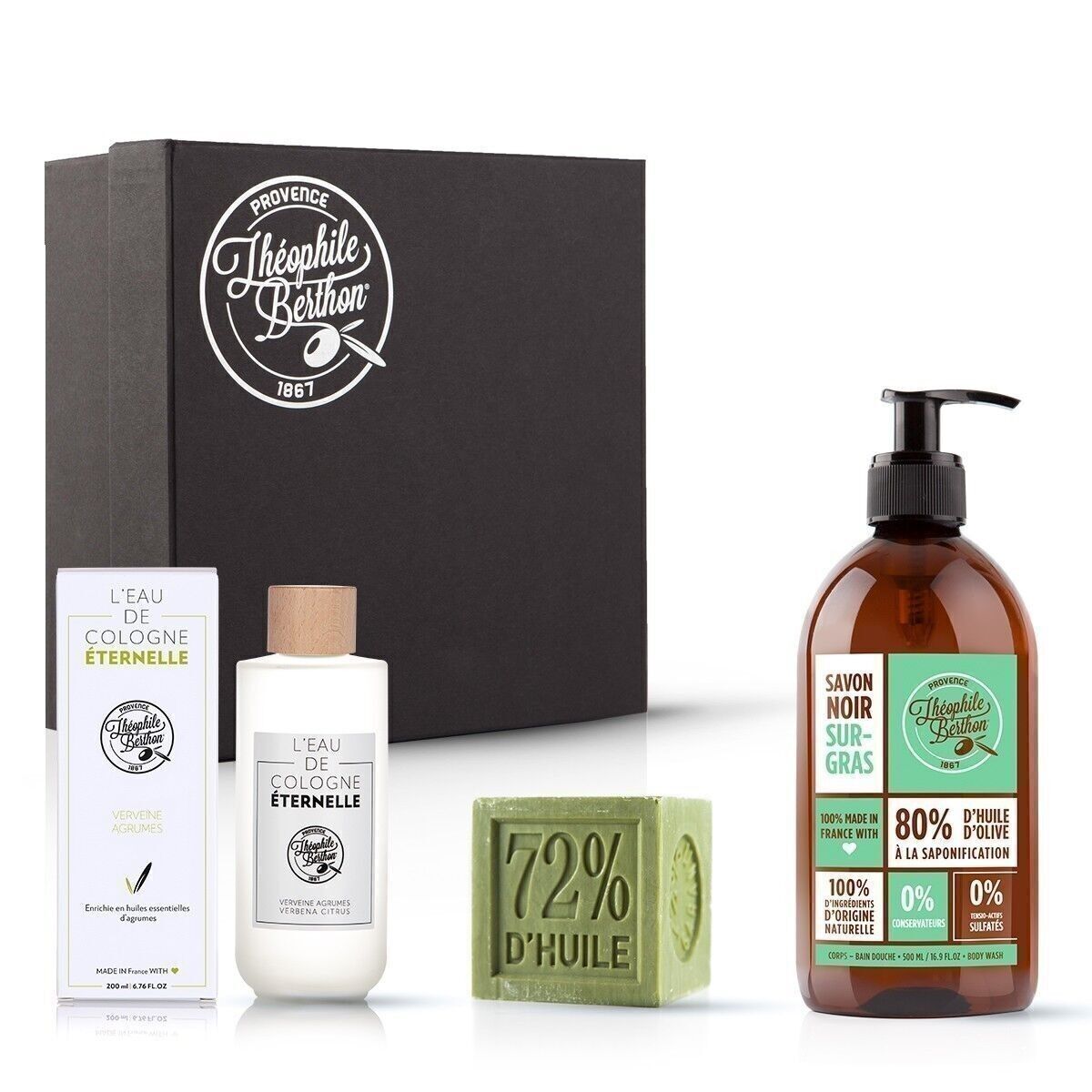 Traditional 3-treatment box set - Marseille cube soap, Black body soap and Eau de Cologne with Citrus Verbena fragrance