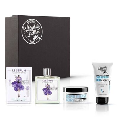 Geschenkbox Poudre d'Iris 3 Behandlungen - Nachtmaskenpflege, Trockenölserum und Poudre d'Iris Parfüm-Körperbutter