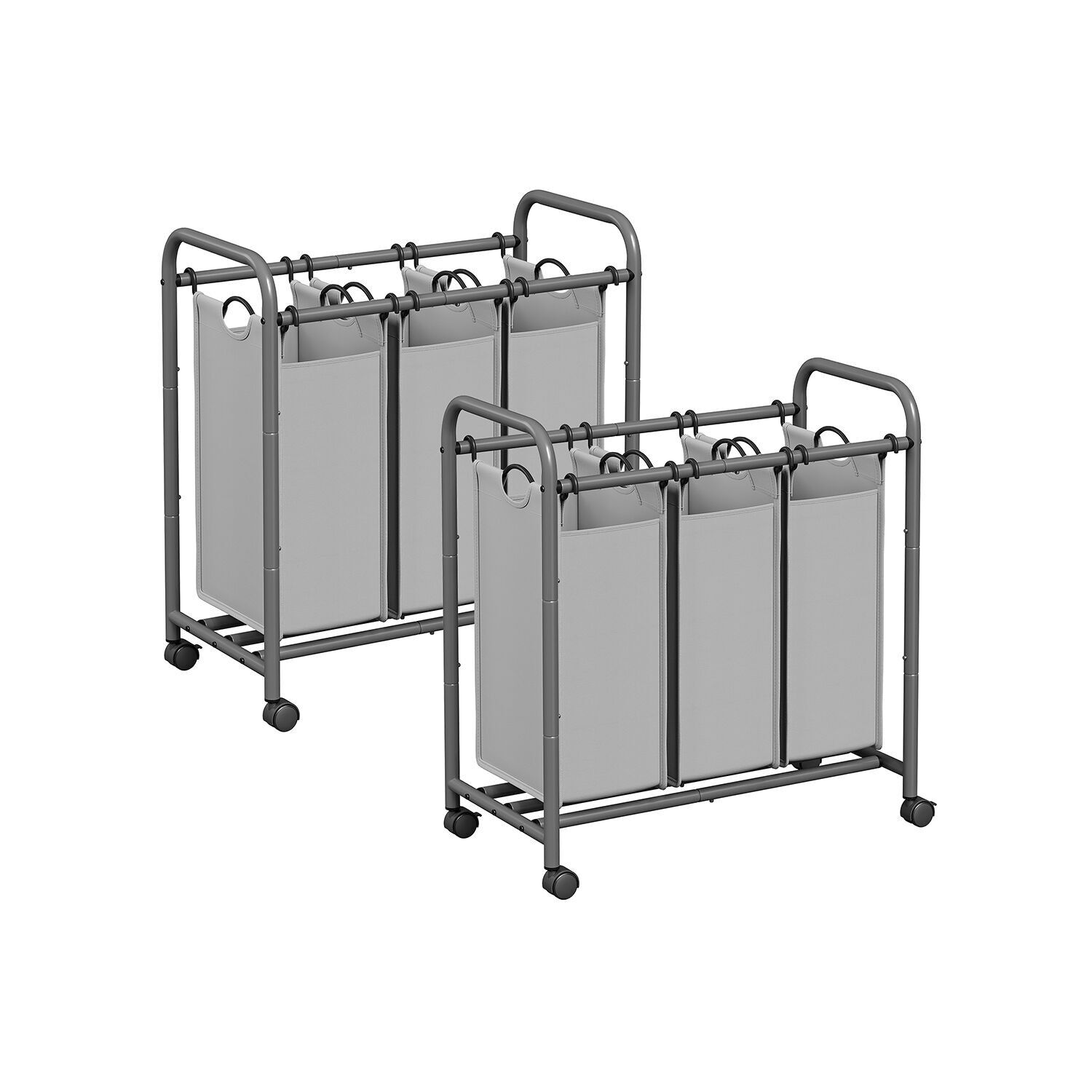 Wasmand 3 compartimenten, set van 2, wasverzamelaar met wielen, grijs, 77 x 41 x 81,5 cm (L x B x H) Afmetingen per tas: 34 x 24 x 55 cm