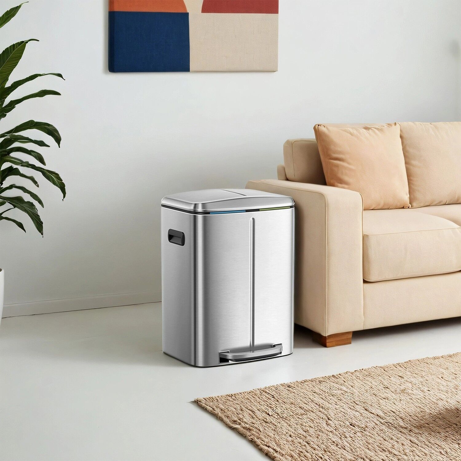 Afvalbak 2 x 20 L, afvalscheidingssysteem 2 compartimenten, metalen afvalbak, 44,5 x 36 x 60 cm (L x B x H) Afmetingen binnenemmer: 19 x 28,5 x 50 cm (L x B x H) Totale hoogte (met deksel open): 92 cm