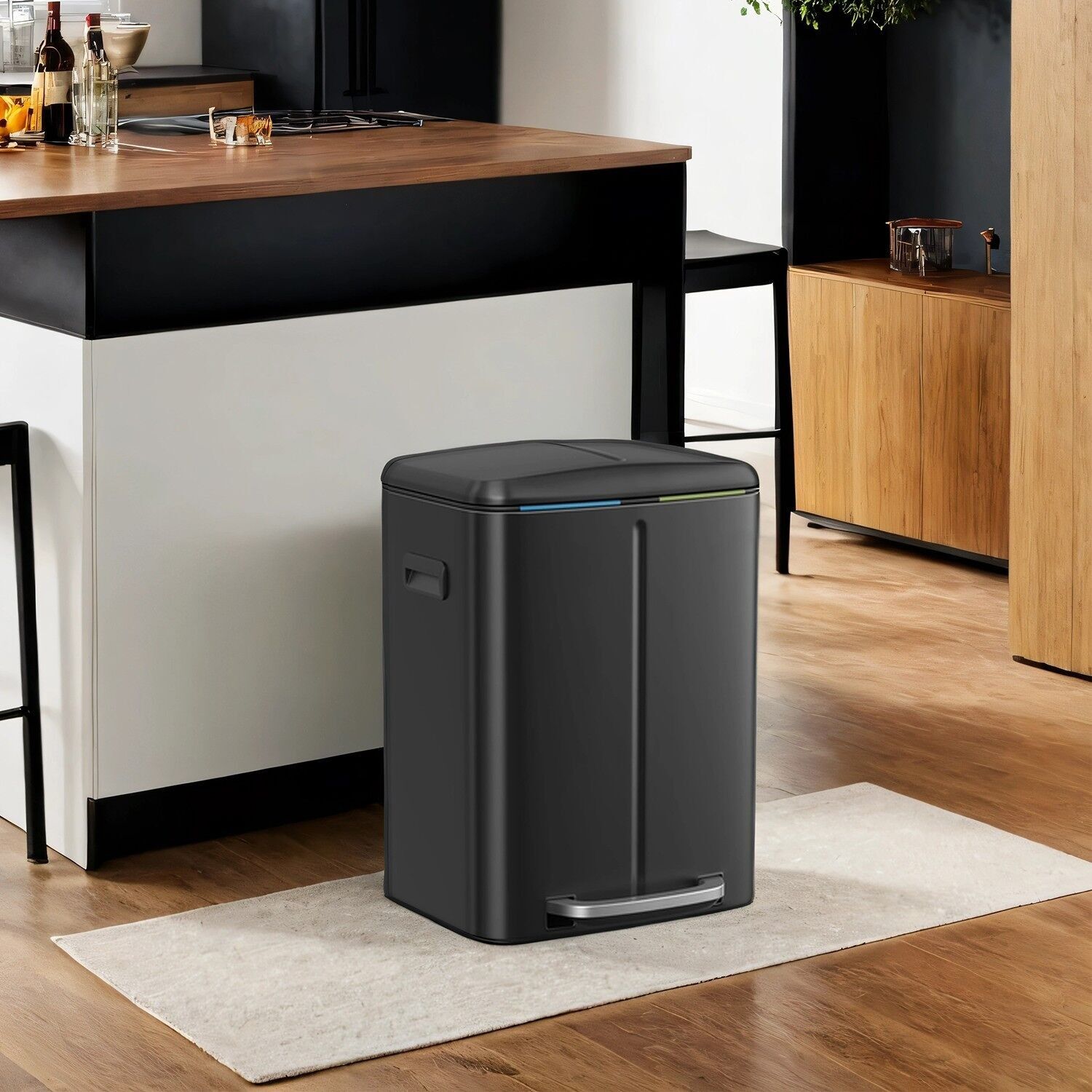 Afvalbak 2 x 20 L, afvalscheidingssysteem 2 compartimenten, metalen afvalbak, 44,4 x 40,8 x 60,2 cm (L x B x H) - Afmetingen per binnenemmer: 19 x 28,5 x 50 cm (L x B x H) - Totale hoogte (met deksel open): 92 cm