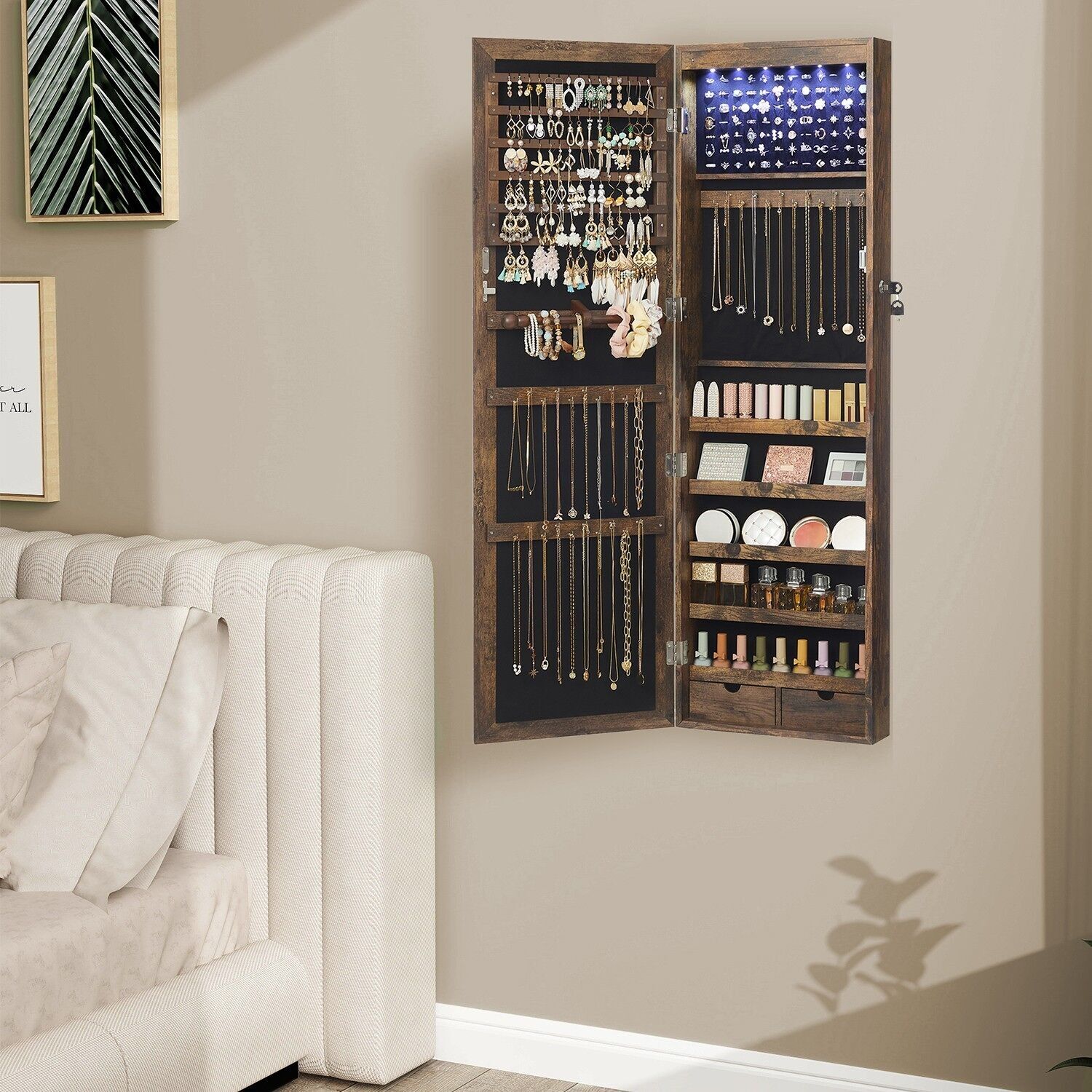 Hanging jewelry cabinet, wall mirror, 6 LED lights, 37 x 10 x 120 cm (L x W x H) Mirror dimensions: 27.3 x 110 cm