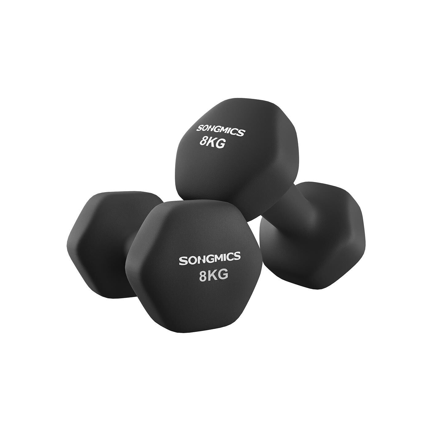 Hexagonal barbell set with neoprene coating, 25.2 x 12.5 cm (L x W); handle: 11 cm L, 4.5 cm