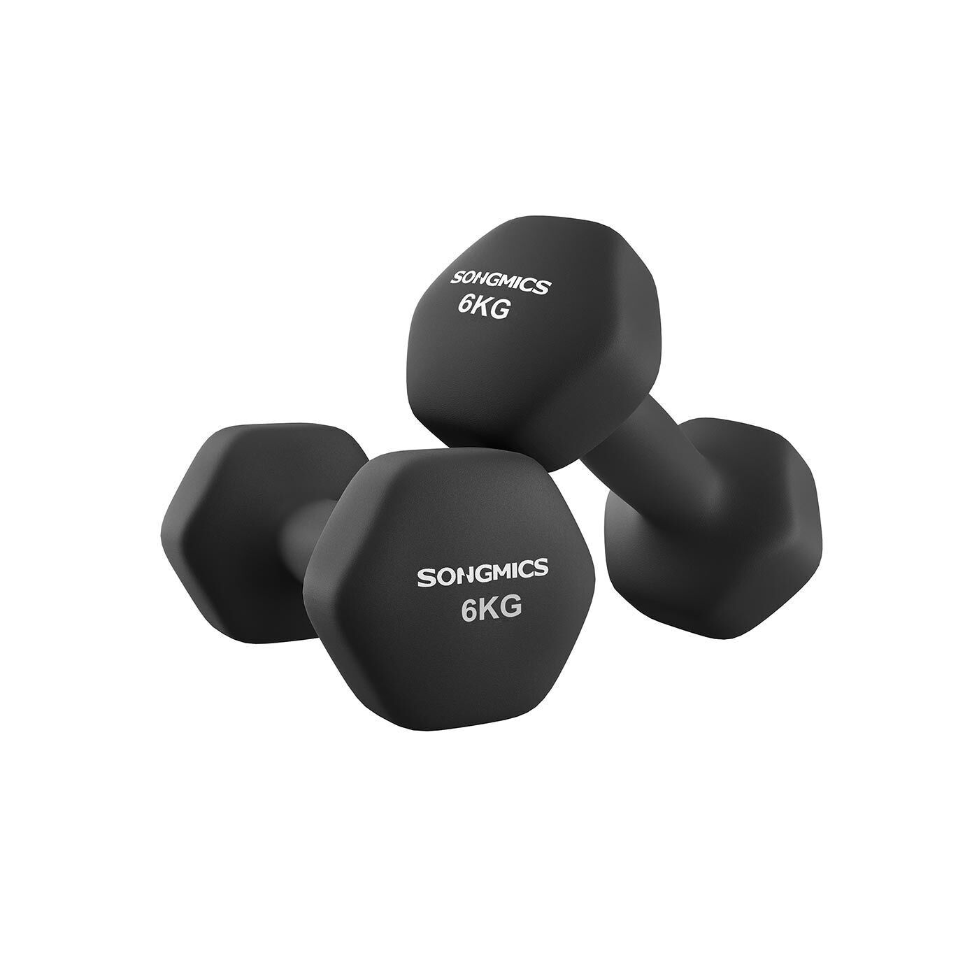 Hexagonal barbell set with neoprene coating, 23.3 x 11.3 cm (L x W); handle: 10.2 cm L, 4.2 cm