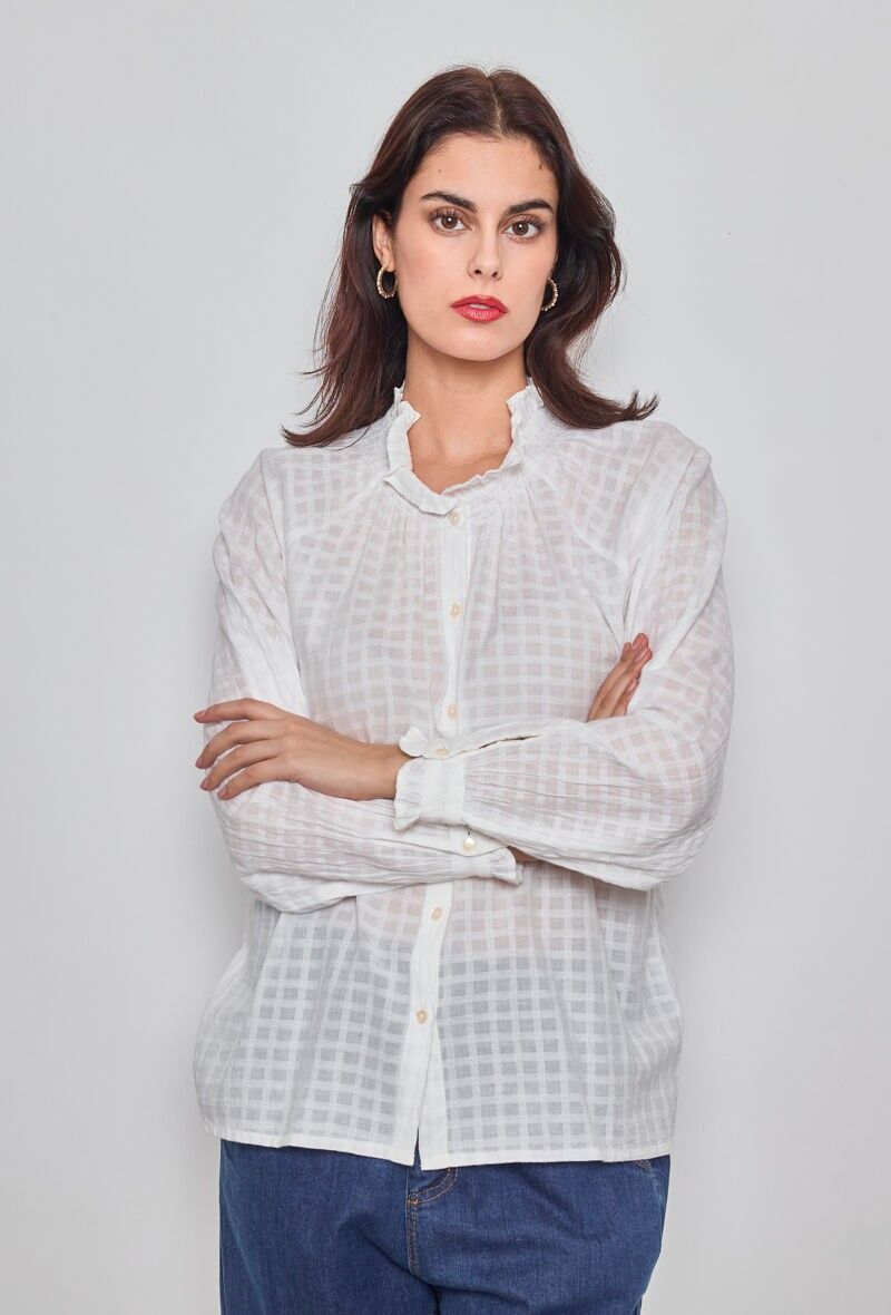 Camicia a quadri con colletto arricciato