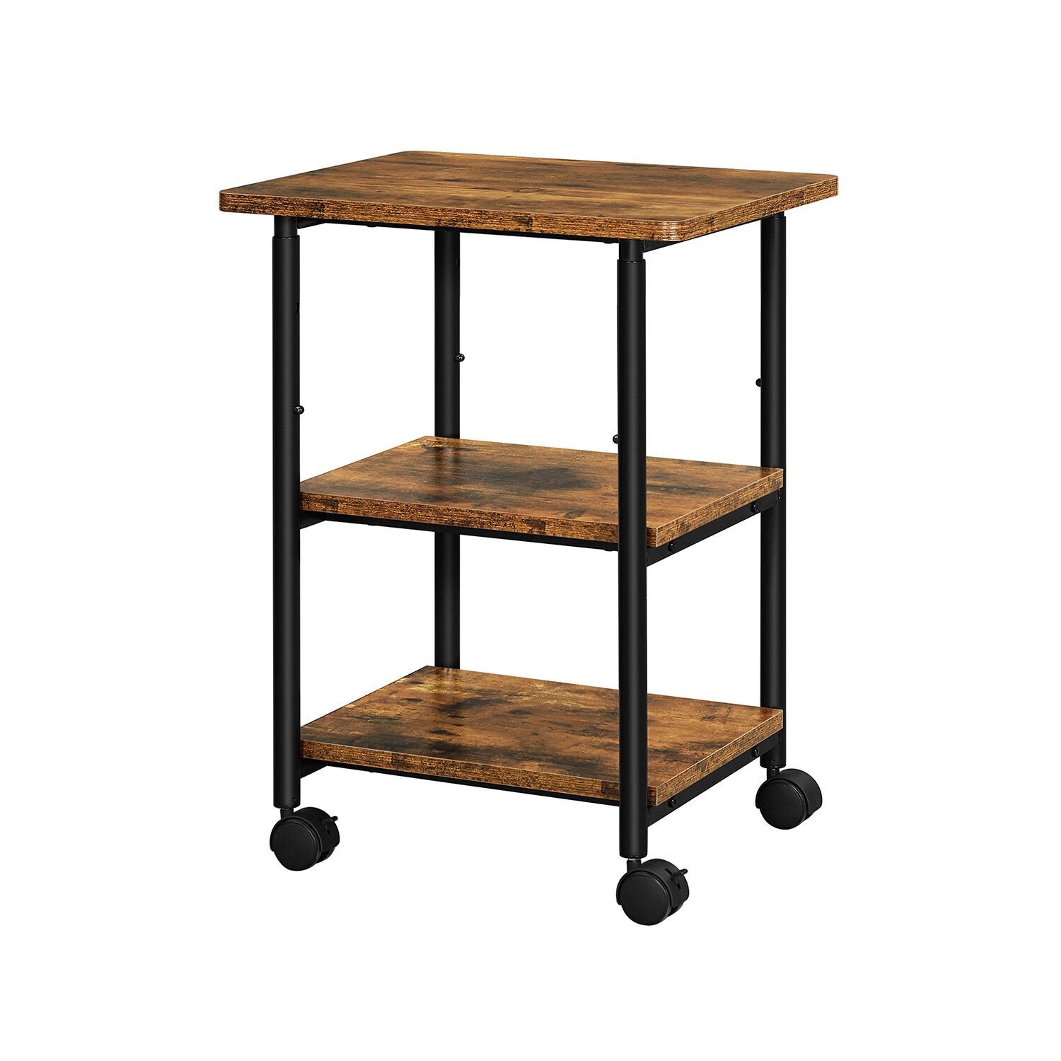 3-Level Printer Table with Wheels, 48.5 x 40.4 x (66 or 76) cm Table top dimensions: 48.5 x 40.4 cm Dimensions per bottom shelf: 39.4 x 30.2 cm Distance between middle and bottom shelves: 22.5 cm Distance between top and middle shelf: 27.5 cm or 37.5 cm