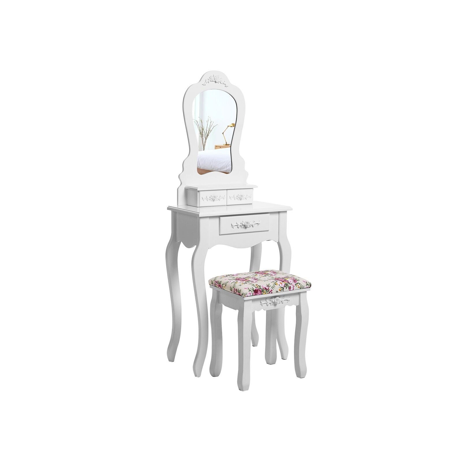 Cute dressing table with decorative roses, 135 x 50 x 30 cm - Tabletop dimensions: 50 x 30 cm - Stool dimensions: 45 x 37 x 28 cm - Small drawer dimensions: 12 x 7 x 6 cm (W x D x H) - Large drawer dimensions: 23 x 20 x 6 cm
